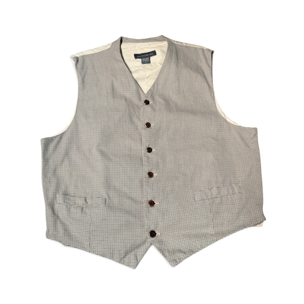 Banana Republic Mens Vest Large Tan Houndstooth Cotton Button Front Cinch Back